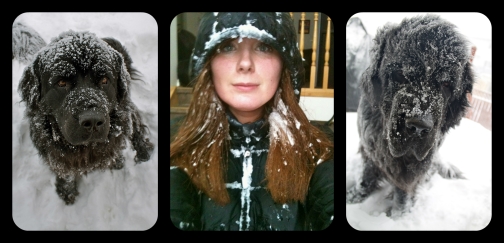 Snow faces on the dogs vs. me. I think they carry it better (and are happier about it, too!)